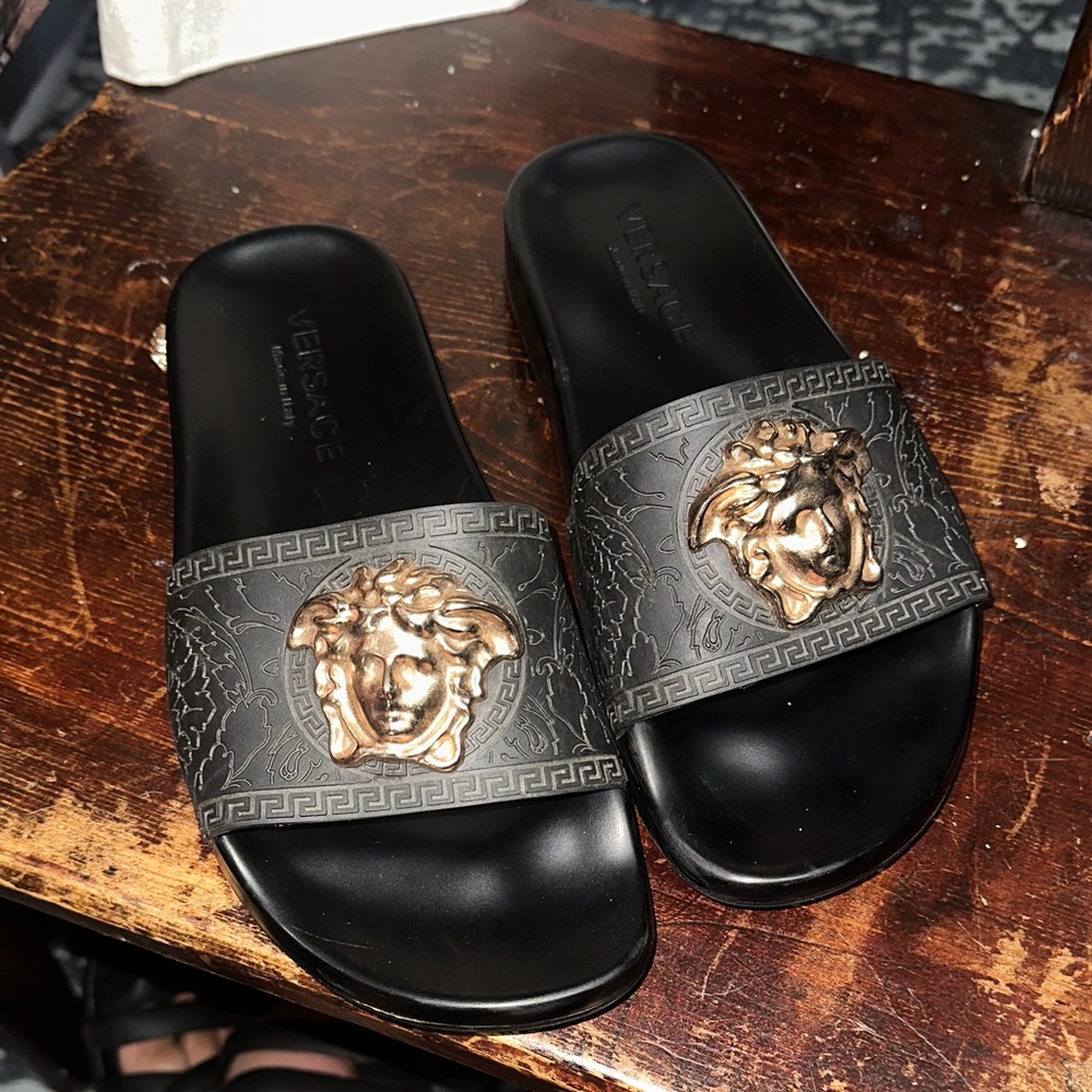 Versace Black Slides with Gold Medusa Accent